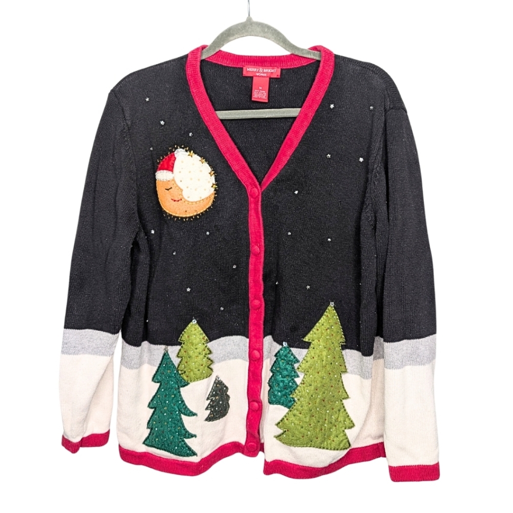 Vintage Merry & Bright Holiday Cardigan‎ Sweater 1X Christmas Trees Moon